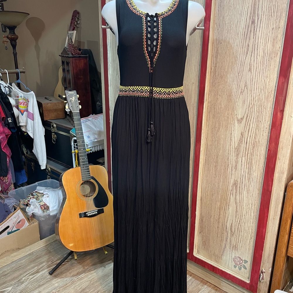 Spense Black Maxi Dress with Colorful Trim